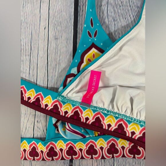 VINTAGE Victoria’s Secret Teal Mandela Boho Halter Top and Solid Bottom Bikini M - Picture 4 of 9